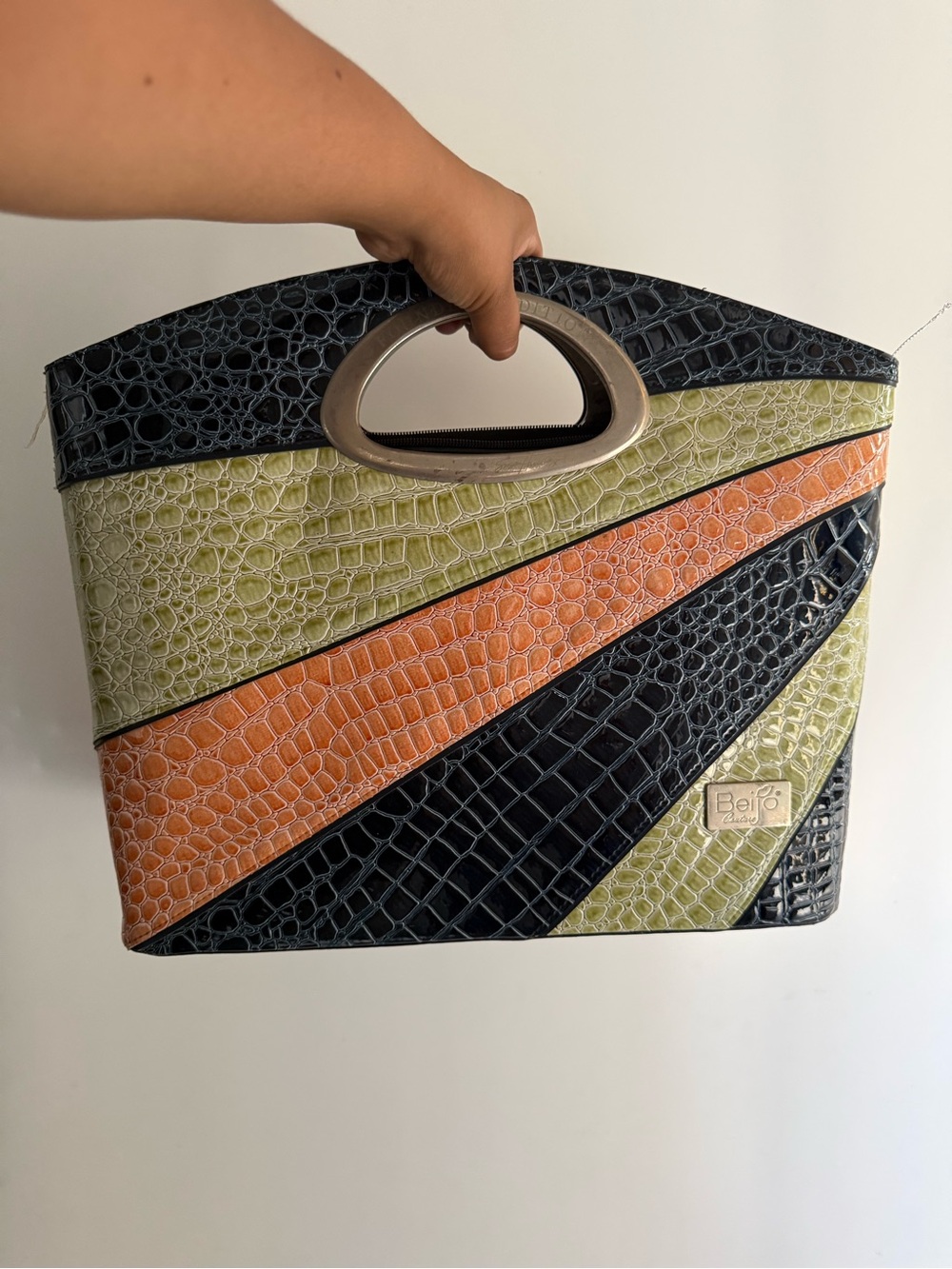 Beijo Croc-Embossed Panel Wristlet in Black, Olive & Orange